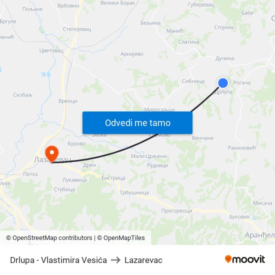 Drlupa - Vlastimira Vesića to Lazarevac map