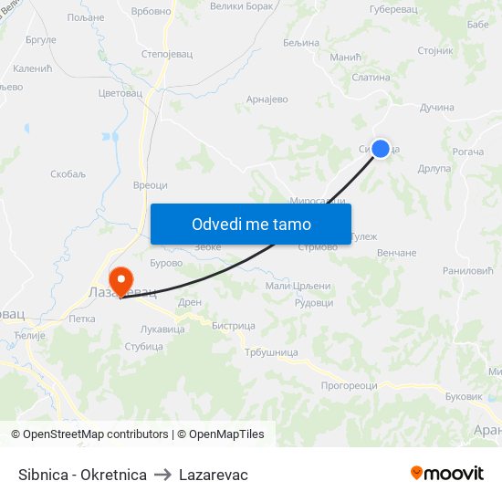 Sibnica - Okretnica to Lazarevac map