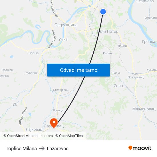 Toplice Milana to Lazarevac map