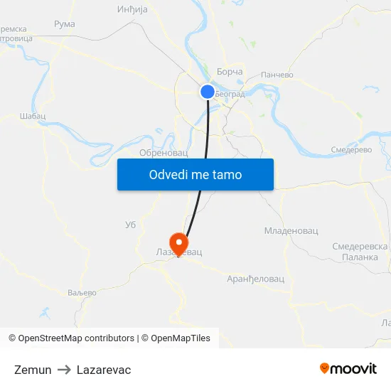 Zemun to Lazarevac map