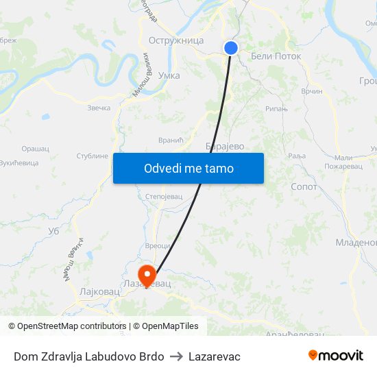 Dom Zdravlja Labudovo Brdo to Lazarevac map