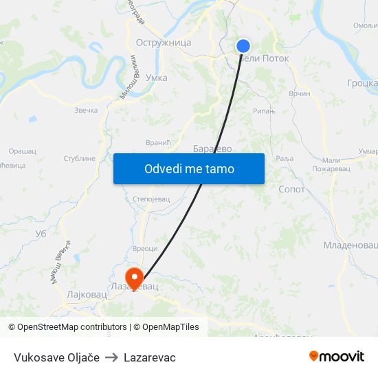 Vukosave Oljače to Lazarevac map