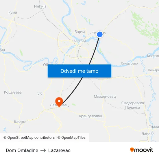 Dom Omladine to Lazarevac map