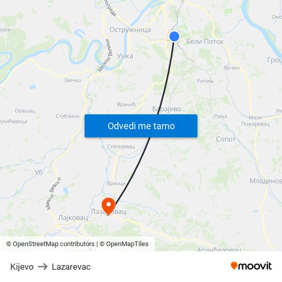 Kijevo to Lazarevac map