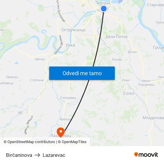 Birčaninova to Lazarevac map