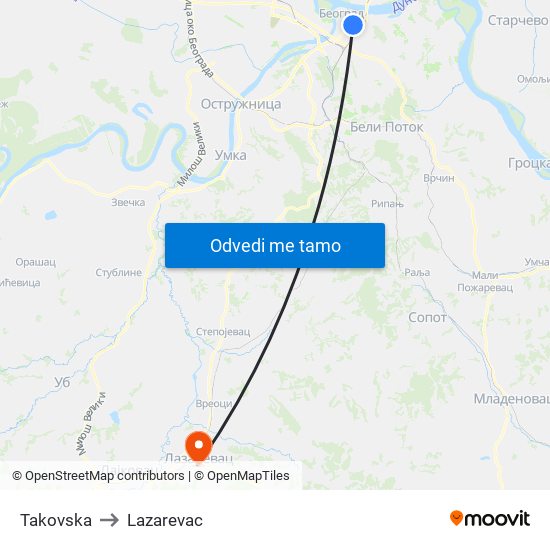 Takovska to Lazarevac map