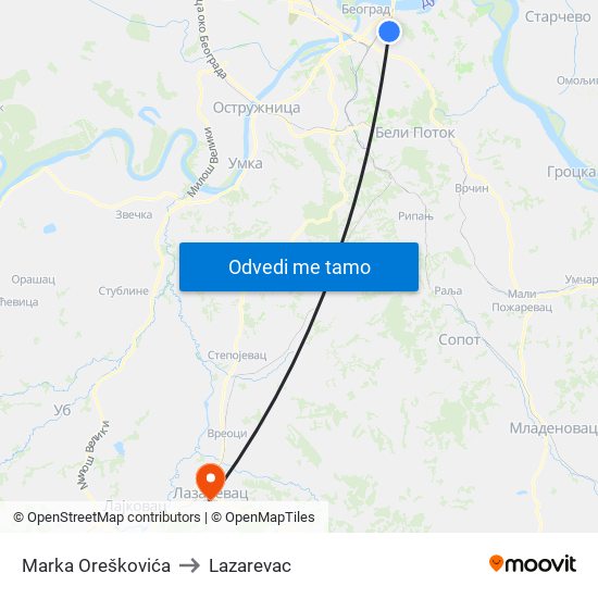 Marka Oreškovića to Lazarevac map