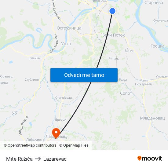 Mite Ružića to Lazarevac map