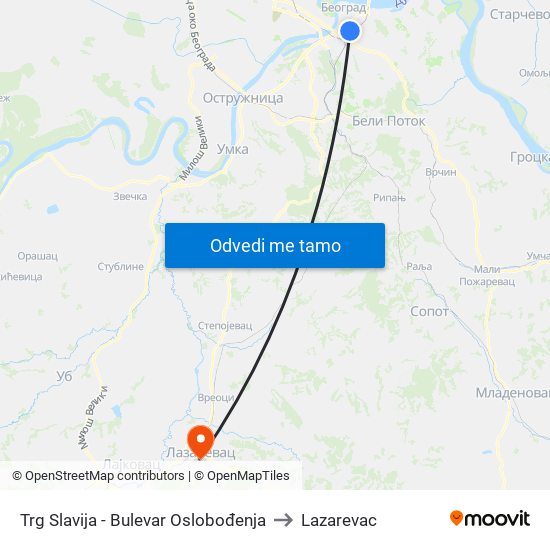 Trg Slavija - Bulevar Oslobođenja to Lazarevac map