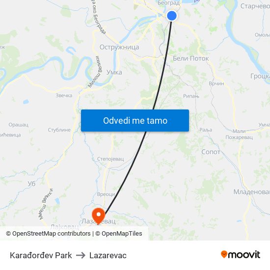 Karađorđev Park to Lazarevac map