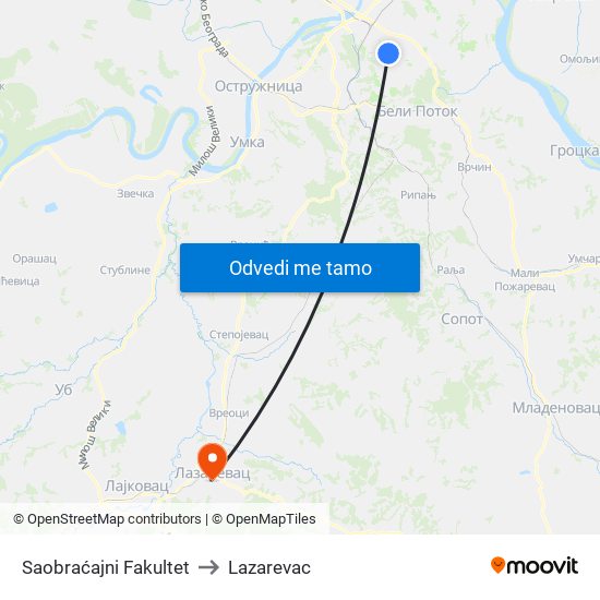 Saobraćajni Fakultet to Lazarevac map