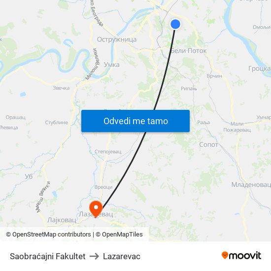 Saobraćajni Fakultet to Lazarevac map