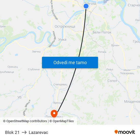 Blok 21 to Lazarevac map