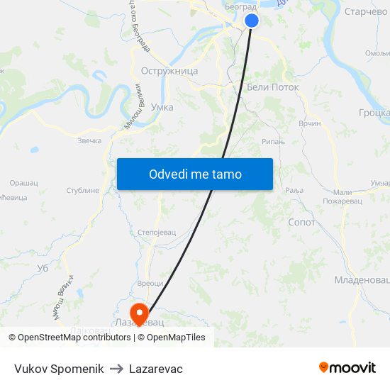 Vukov Spomenik to Lazarevac map