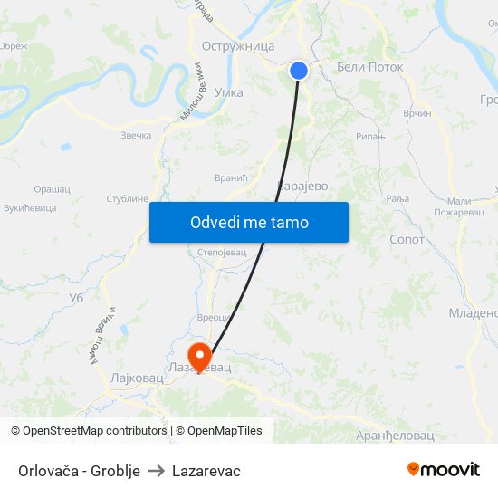 Orlovača - Groblje to Lazarevac map