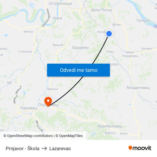 Prnjavor - Škola to Lazarevac map