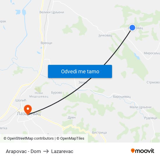 Arapovac - Dom to Lazarevac map