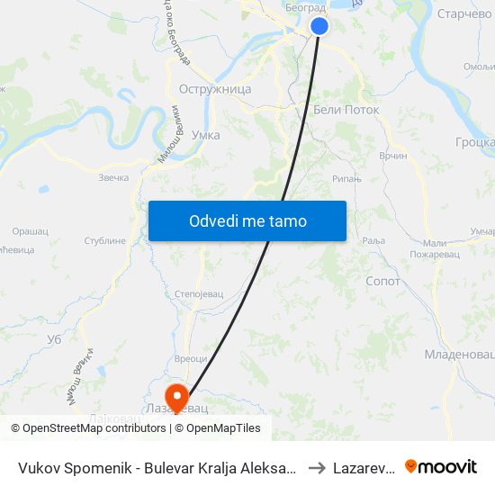 Vukov Spomenik - Bulevar Kralja Aleksandra to Lazarevac map