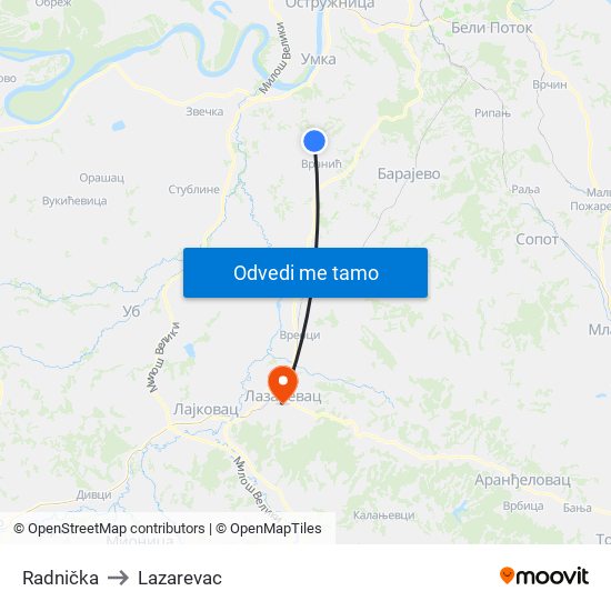 Radnička to Lazarevac map