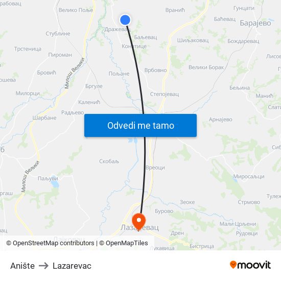 Anište to Lazarevac map