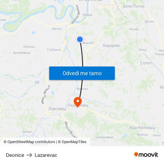 Deonice to Lazarevac map