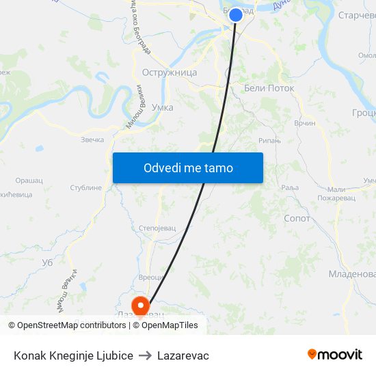 Konak Kneginje Ljubice to Lazarevac map