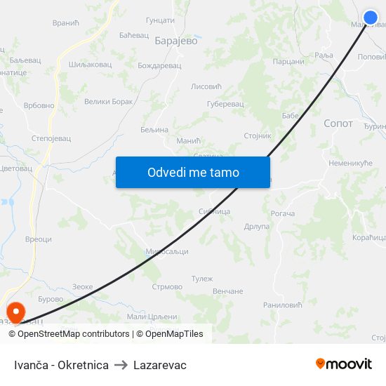 Ivanča - Okretnica to Lazarevac map