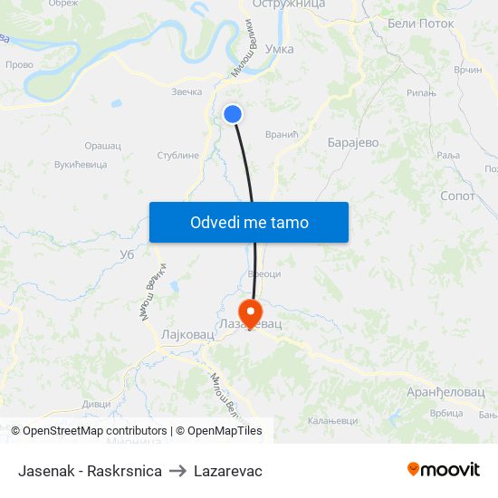 Jasenak - Raskrsnica to Lazarevac map