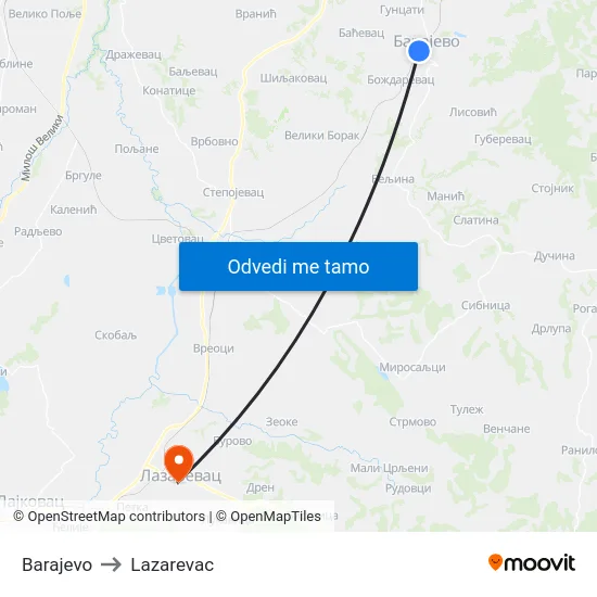 Barajevo to Lazarevac map