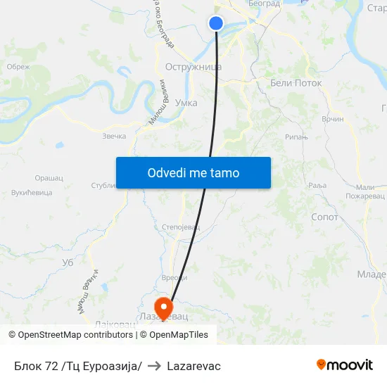 Блок 72 /Тц Еуроазија/ to Lazarevac map