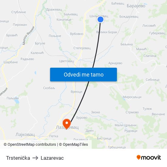 Trstenička to Lazarevac map