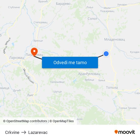 Crkvine to Lazarevac map