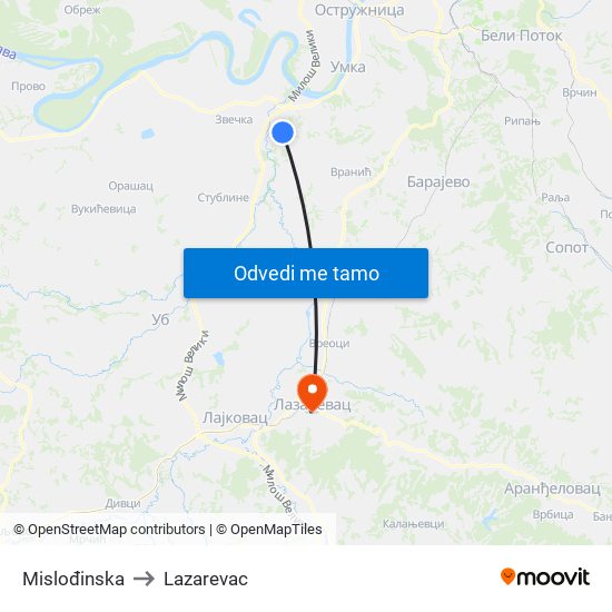 Mislođinska to Lazarevac map