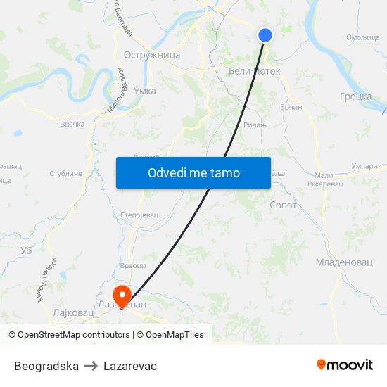 Beogradska to Lazarevac map