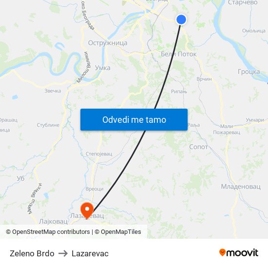 Zeleno Brdo to Lazarevac map