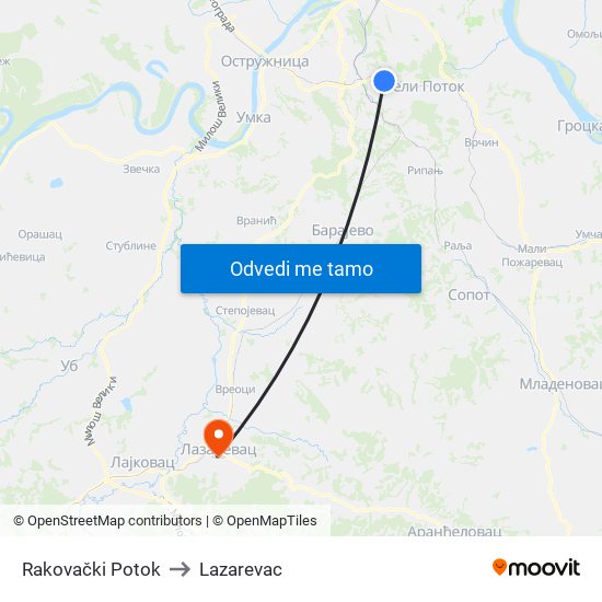 Rakovački Potok to Lazarevac map