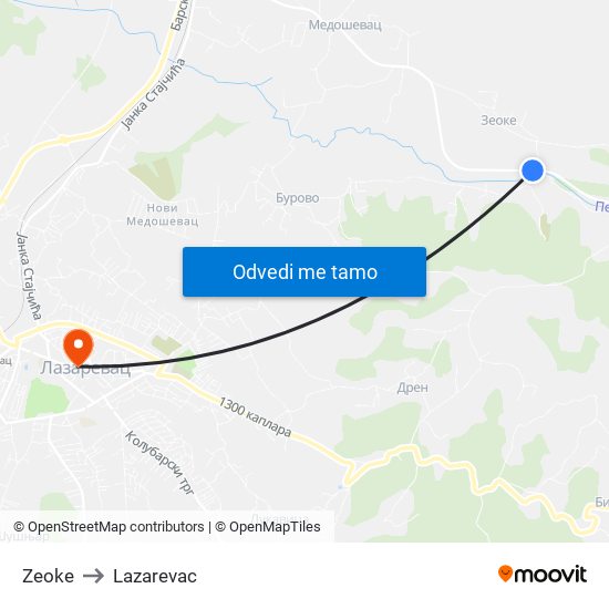 Zeoke to Lazarevac map