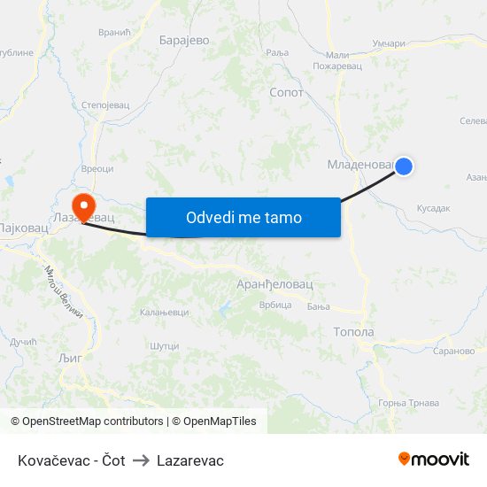 Kovačevac - Čot to Lazarevac map