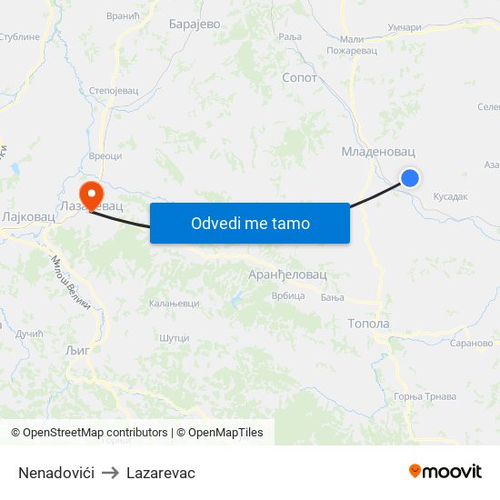 Nenadovići to Lazarevac map