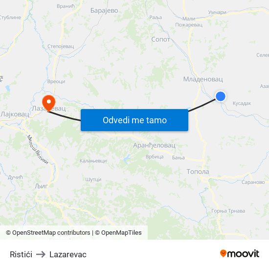 Ristići to Lazarevac map