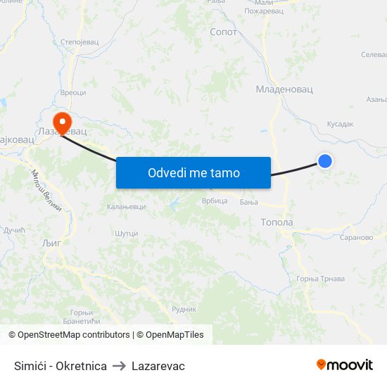 Simići - Okretnica to Lazarevac map