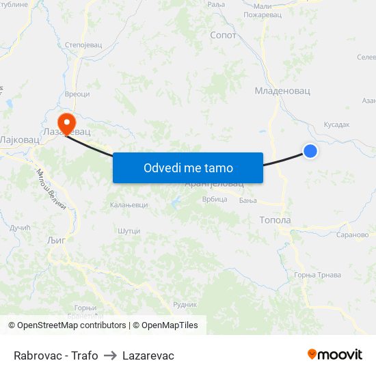 Rabrovac - Trafo to Lazarevac map