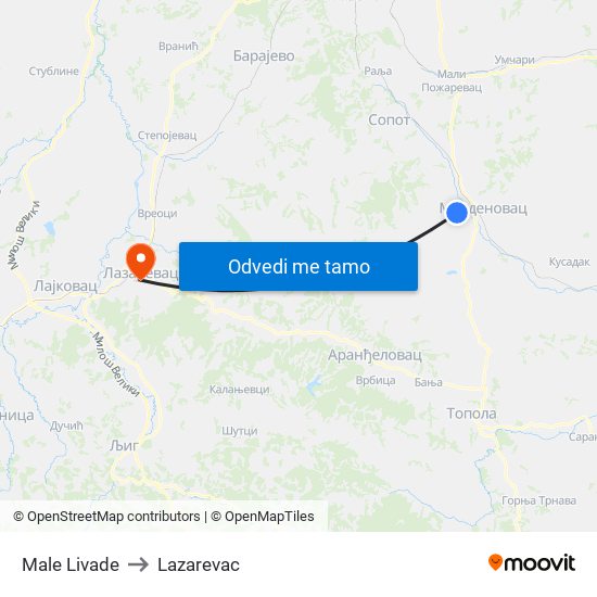 Male Livade to Lazarevac map