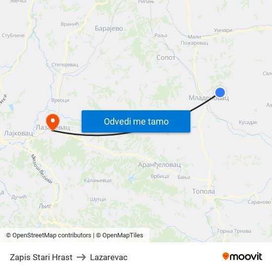 Zapis Stari Hrast to Lazarevac map