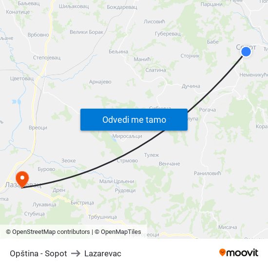 Opština - Sopot to Lazarevac map