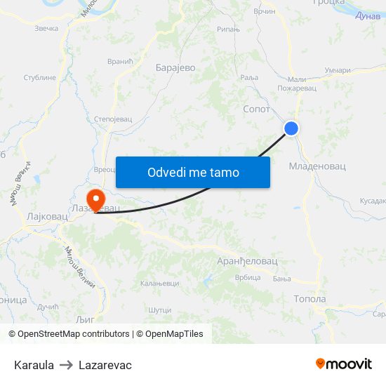 Karaula to Lazarevac map