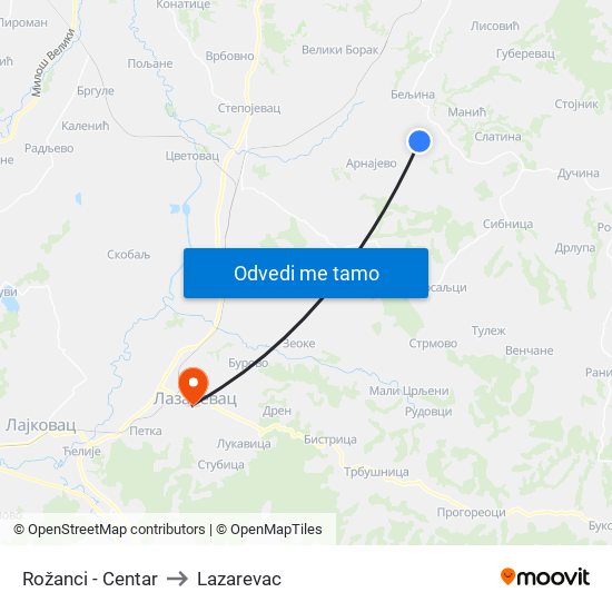 Rožanci - Centar to Lazarevac map