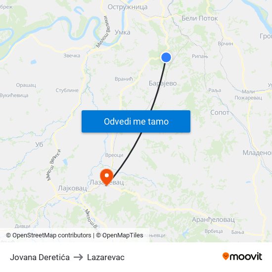 Jovana Deretića to Lazarevac map