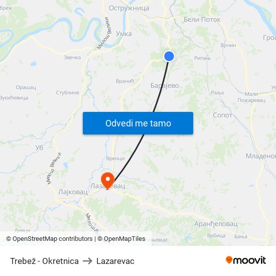 Trebež - Okretnica to Lazarevac map