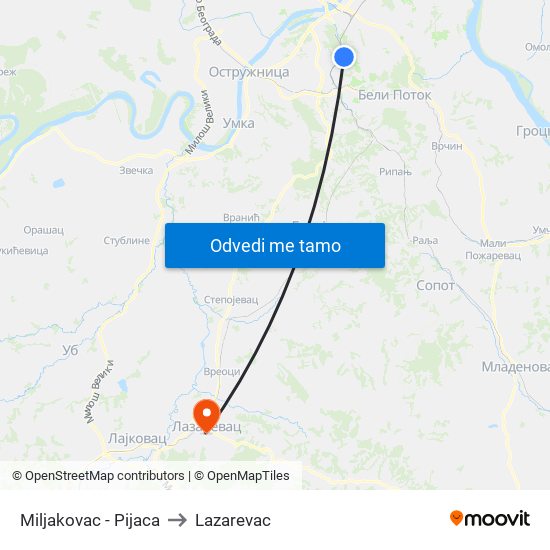 Miljakovac - Pijaca to Lazarevac map